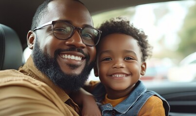 Happy father and son sitting at the back of the car, Generative AI