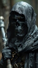 Dark Hooded Figure with Skull Mask: A Haunting Digital Art