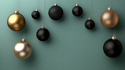 Colorful Christmas ornaments in black, yellow, and teal are arranged beautifully with festive greenery and shimmering lights