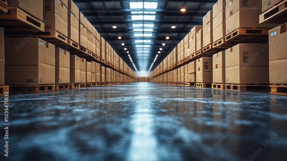 Poster warehouse storage concept with rows of identical cardboard boxes stacked neatly
