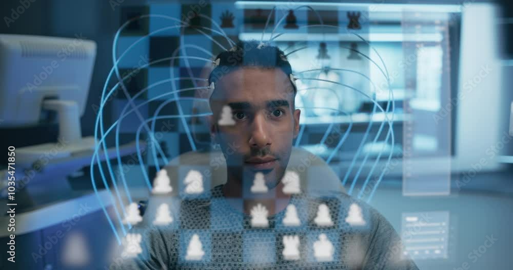 Aufkleber Man Wearing a Neural Headset Engages in a Virtual Chess Game, Using Holographic Screen to move Chess Pieces with His Mind, Interact with AI Digital Interface, Immersive Experiences of the Future