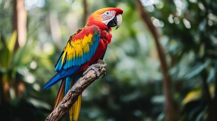 Obraz premium A colorful macaw perched on a branch in the rainforest