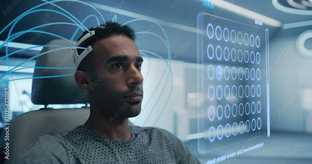 Poster man uses a neural headset in a futuristic lab, interacting with a holographic interface displaying a