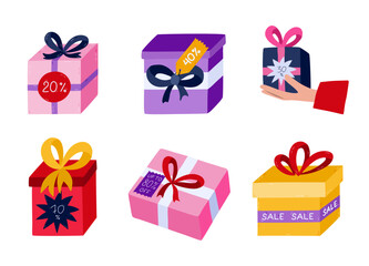 Cute set with cartoon closed gift box with sale tags, bow and ribbon. Present clipart for Black Friday sale, holiday price off, promo offers. Hand drawn colorful gift boxes with percent of discount.