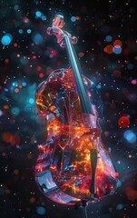 A vibrant and artistic depiction of a violin illuminated with colorful light effects against a dark background.