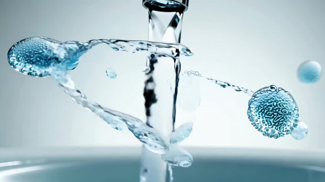 Water flowing from a faucet surrounded by virus icons contamination, environmental issues, and the need for water purification systems