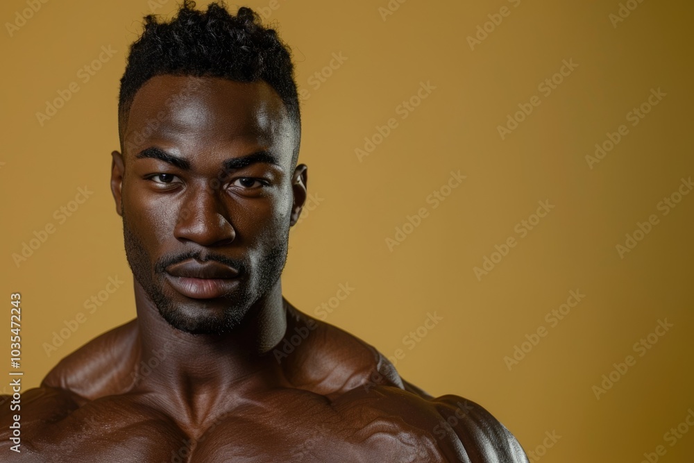 Wall mural a strong, fit man with a sharp gaze and a calm demeanor, solid color background representing the int