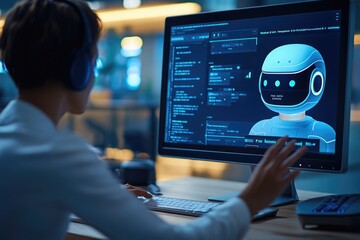 A businessperson monitors an AI chatbot system on their computer, assessing the system's performance in managing customer service interactions
