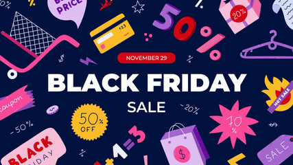 Horizontal cute colorful banner for Black Friday with cartoon shop and sale clipart. Super discounts concept for poster, background template for website, media. Shopping cart, gift, price off tags.