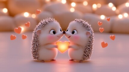 Adorable twin hedgehogs with heart and lights - perfect for valentine's day or romantic decor