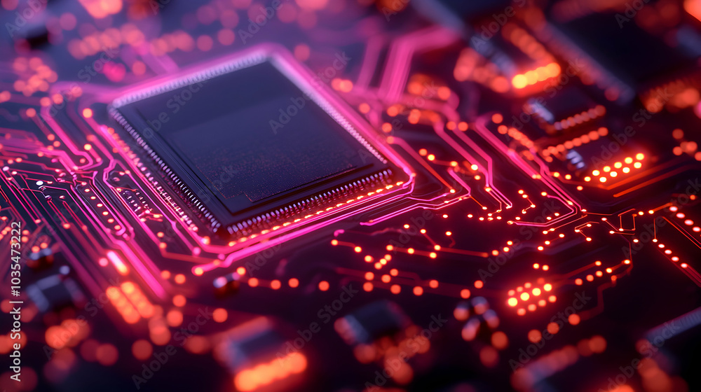 Poster close-up of a glowing microchip with electrical signals emitting light and energy in a high-tech env