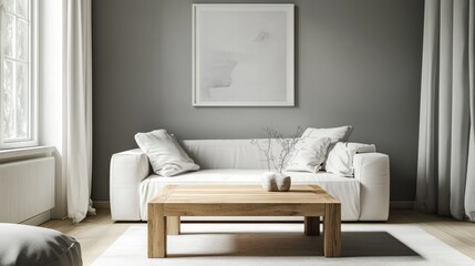 A realistic photo of a bright, elegant living room showcasing a wooden square coffee table near a white sofa. The grey wall with an art poster enhances the minimalist decor. Captured in 32k and color