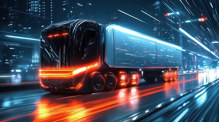 A sketch illustration of a hightech truck cruising on a futuristic highway