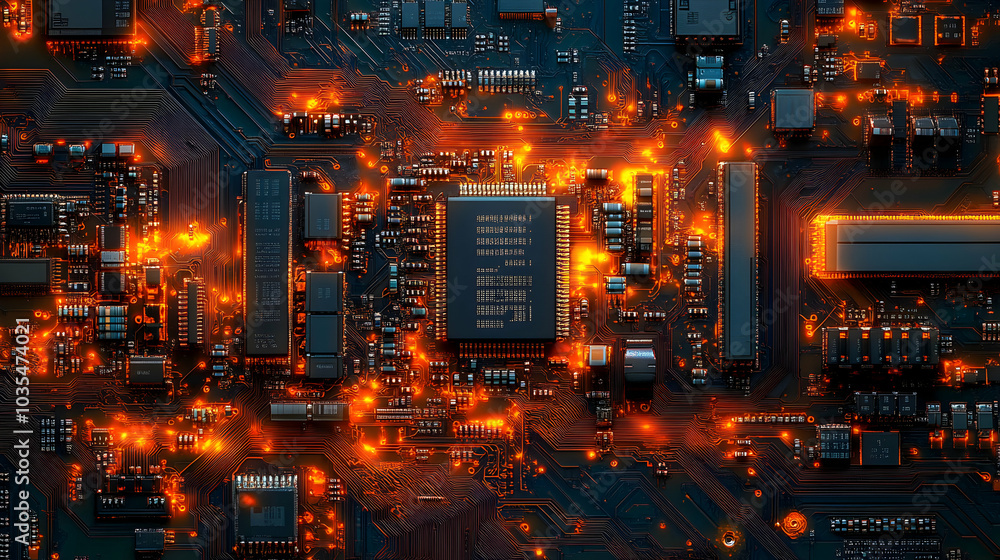 Poster detailed view of a complex circuit board layout under magnification, showcasing intricate components