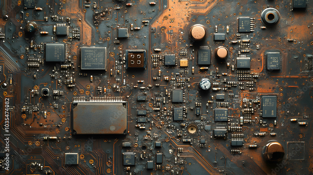 Poster detailed close-up of a complex circuit board layout viewed under magnification, showcasing intricate