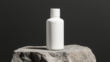 White bottle on stone, minimalistic design, dark background.