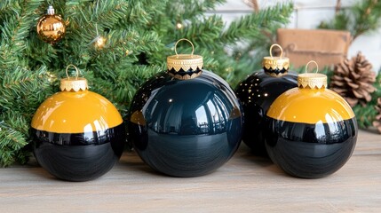 Colorful Christmas ornaments in black, yellow, and teal are arranged beautifully with festive greenery and shimmering lights