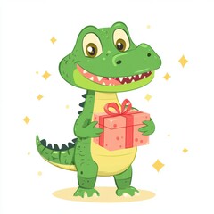 Naklejka premium Cute alligator holding a gift box isolated over white background.