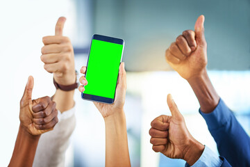 Group, thumbs up and green screen with mobile phone for announcement, advertising or success. Business people, hands and positive for support with technology, mockup space and team building in office