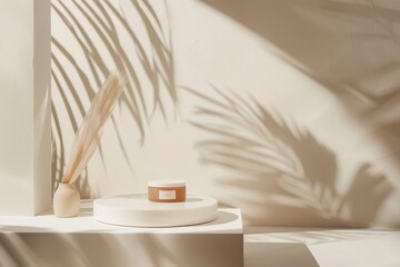 Minimal product display with a focus on leaf shadows and simplicity