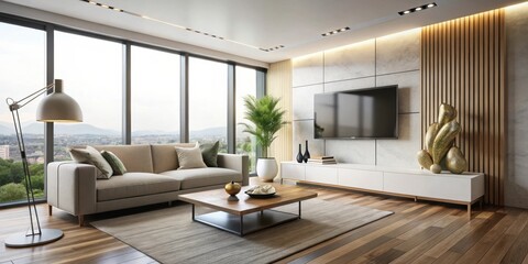 Fototapeta premium A Modern Living Room with a View Featuring a Beige Sofa, a Wooden Coffee Table, and a Flat Screen Television