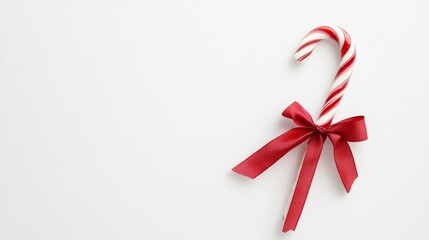 A single candy cane with a ribbon, carefully placed on a clean white background 
