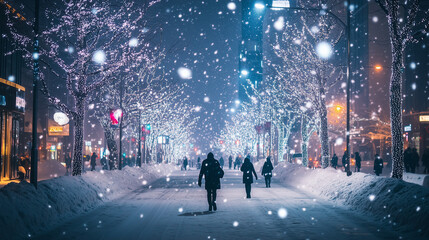 Sapporo White Illumination in the middle of the city, trees and buildings are decorated with thousands of bright white lights, snow falls gently, people walk in winter clothes, Ai generated images