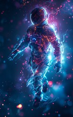 Fototapeta premium A glowing astronaut silhouette floats through a cosmic expanse filled with vibrant colors and light particles.