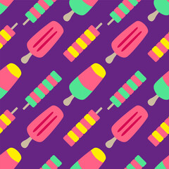 Tasty sorbet ice cream flat cartoon seamless pattern on bright background. Vector illustration. Sweet sticker for street food, confectionery, bar, restaurants, snacks.