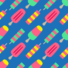 Tasty sorbet ice cream flat cartoon seamless pattern on bright background. Vector illustration. Sweet sticker for street food, confectionery, bar, restaurants, snacks.