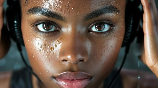 A woman with dark skin and sweat on her face looks directly at the camera