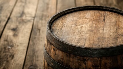 Fototapeta premium Wooden barrel on rustic wooden surface, perfect for vintage or rustic themes.