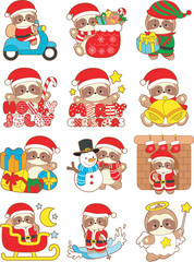 Cute sloth christmas version. Funny baby sloth animal series christmas illustration.