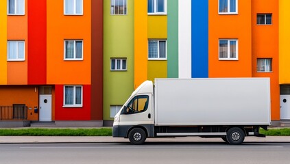 Fototapeta premium Truck Parked in Front of Multicolored Buildings with Advertising Space