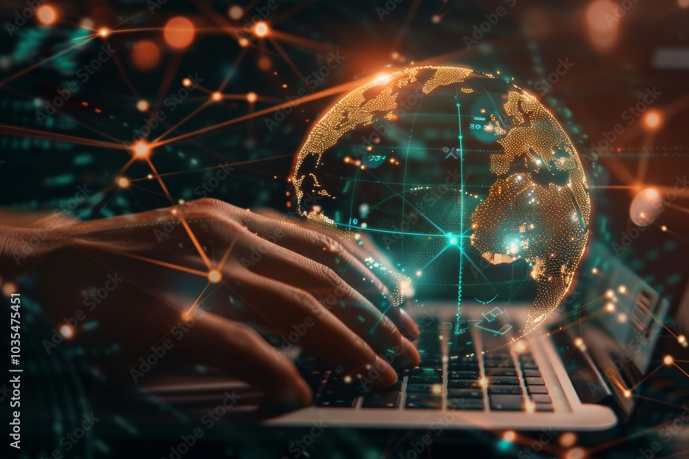 Poster hand using laptop with abstract global network interface. business and technology concept