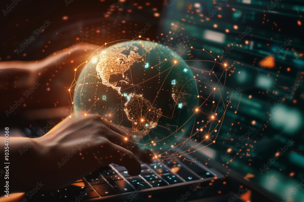 Poster hand using laptop with abstract global network interface. business and technology concept
