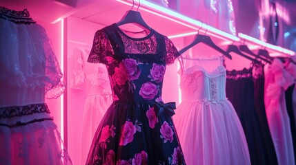 Elegant dresses with floral patterns and lace in neon pink light displaying modern girlhood design