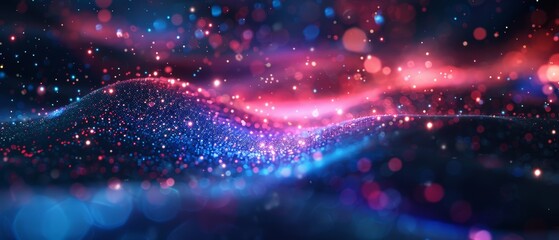 Obraz premium A vibrant, abstract portrayal of swirling colors and lights, resembling a cosmic landscape filled with shimmering particles and waves.