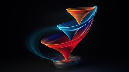 Colorful 3D funnel model flow 5 step, levitating on dark blue background, Generative Ai 
