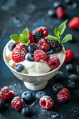 Fresh berries on whipped cream in elegant dessert