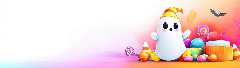 Obraz premium Adorable ghost in a candy corn costume, surrounded by Halloween sweets, soft watercolor, vibrant colors
