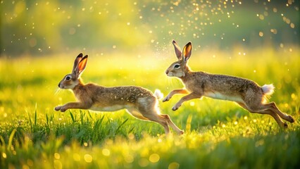 Two hares leap across a sun-drenched grassy meadow, their fluffy tails trailing behind them as they bound through the golden light.