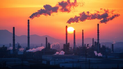 Sunset Over Industrial Landscape with Smokestacks Emitting Smoke Against Colorful Sky
