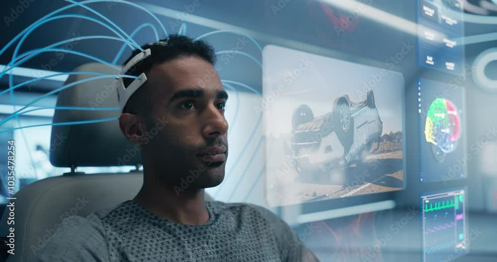 Poster man wears a neural headset, browsing social media, interacting with holographic social network softw