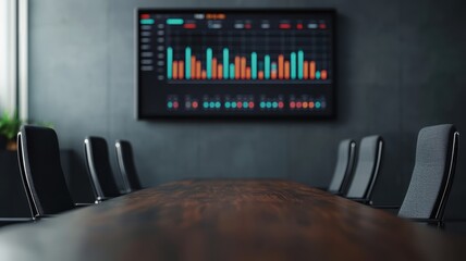 Futuristic Conference Room with Data Visualizations on Large Screen