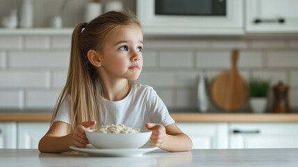 A child doesn't want to eat a healthy breakfast. Porridge for breakfast.