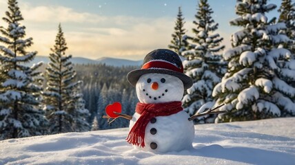 Fototapeta premium Snowman in Scenic Winter Landscape Holding a Heart - Perfect Holiday 