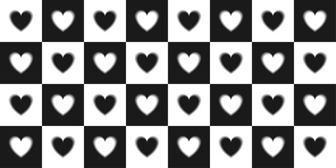 Checkerboard love seamless pattern. Black and white blurry gradient hearts with aura glow effect. Romantic background 2000s for wallpaper, fabric, print design, textile, wrapping paper. Vector