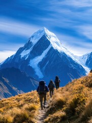 Obraz premium A breathtaking mountain landscape with hikers trekking along a path, surrounded by majestic peaks and clear blue skies.