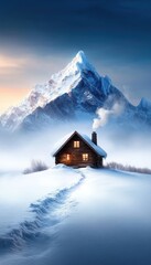 Fototapeta premium A cozy cabin sits in a snowy landscape, with smoke rising from its chimney and a majestic mountain backdrop under a serene sky.